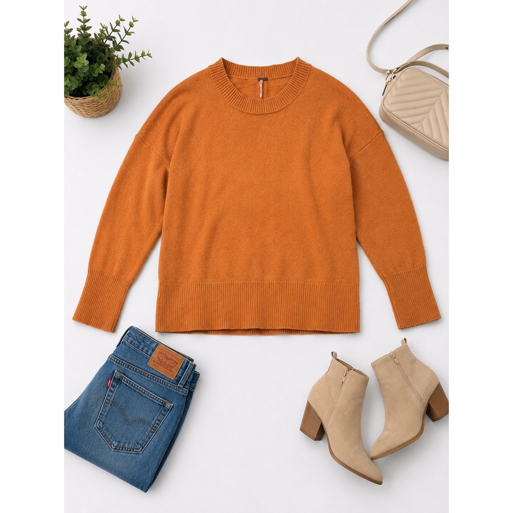 Free People 100% Cashmere Crewneck Sweater Burnt Orange XS
